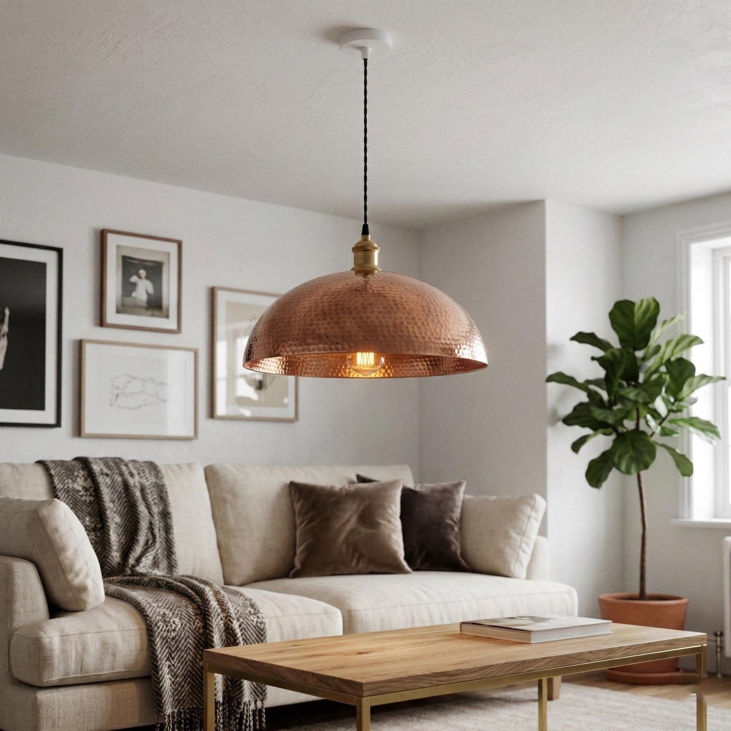 Hammered Copper Dome Pendant Light, Rustic Hanging Lamp, Kitchen Island Lighting