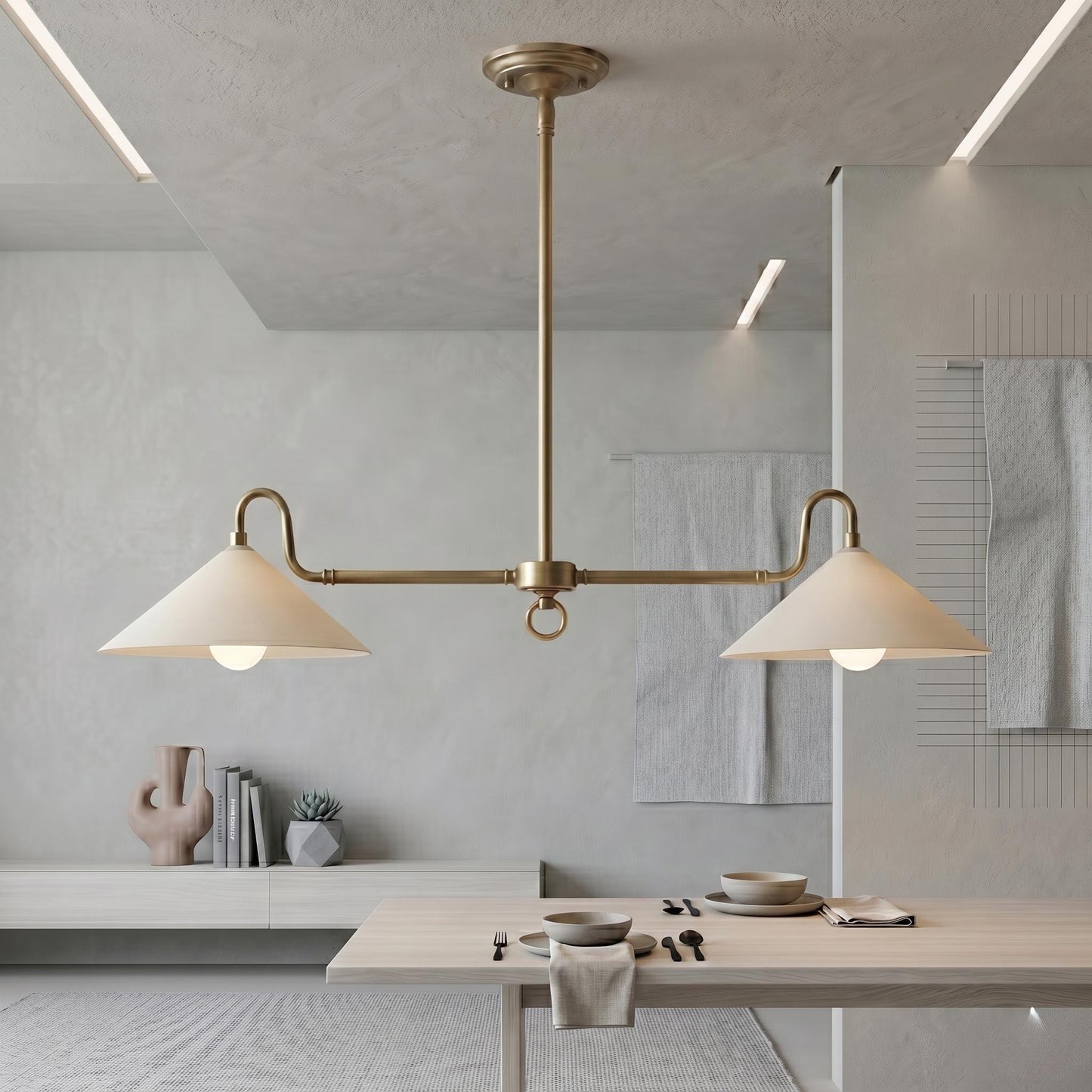 Dual Shade Brass Chandelier – Modern Linear Kitchen Island Lighting (Customizable Drop)