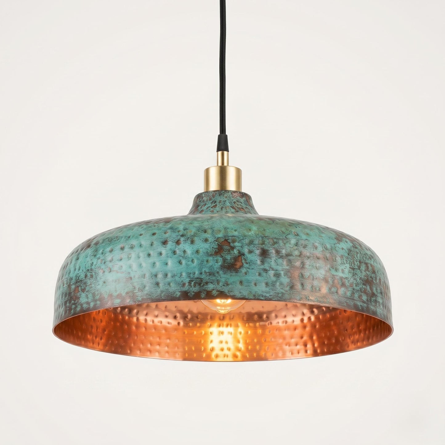 Handmade Hammered Copper Pendant Light, Rustic Dome Hanging Lamp, Turquoise Patina Ceiling Light, Kitchen Island Lighting, 16” Pendant