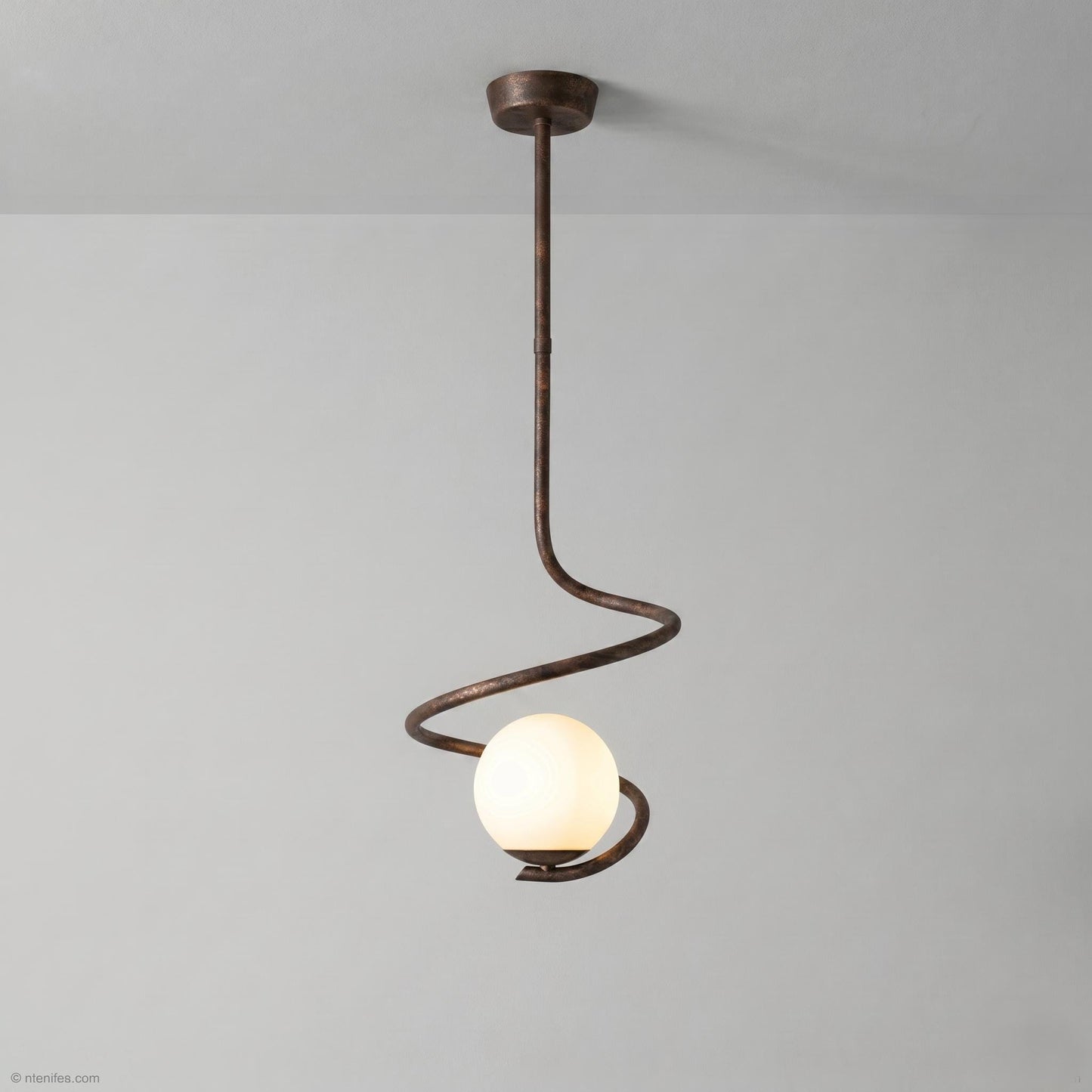 Sculptural Spiral Brass Pendant Light – 6” Opal Globe Chandelier, Minimalist Ceiling Lamp