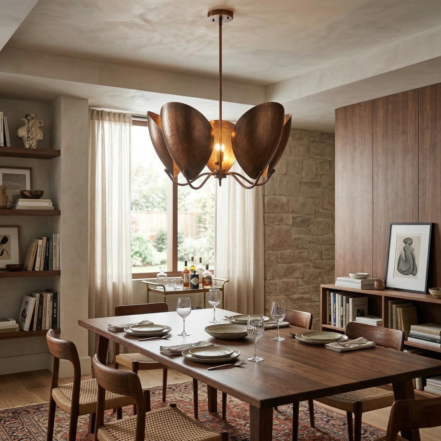 Handcrafted Brass Petal Chandelier – Sculptural Gold Ceiling Light, Mid Century Modern Fixture