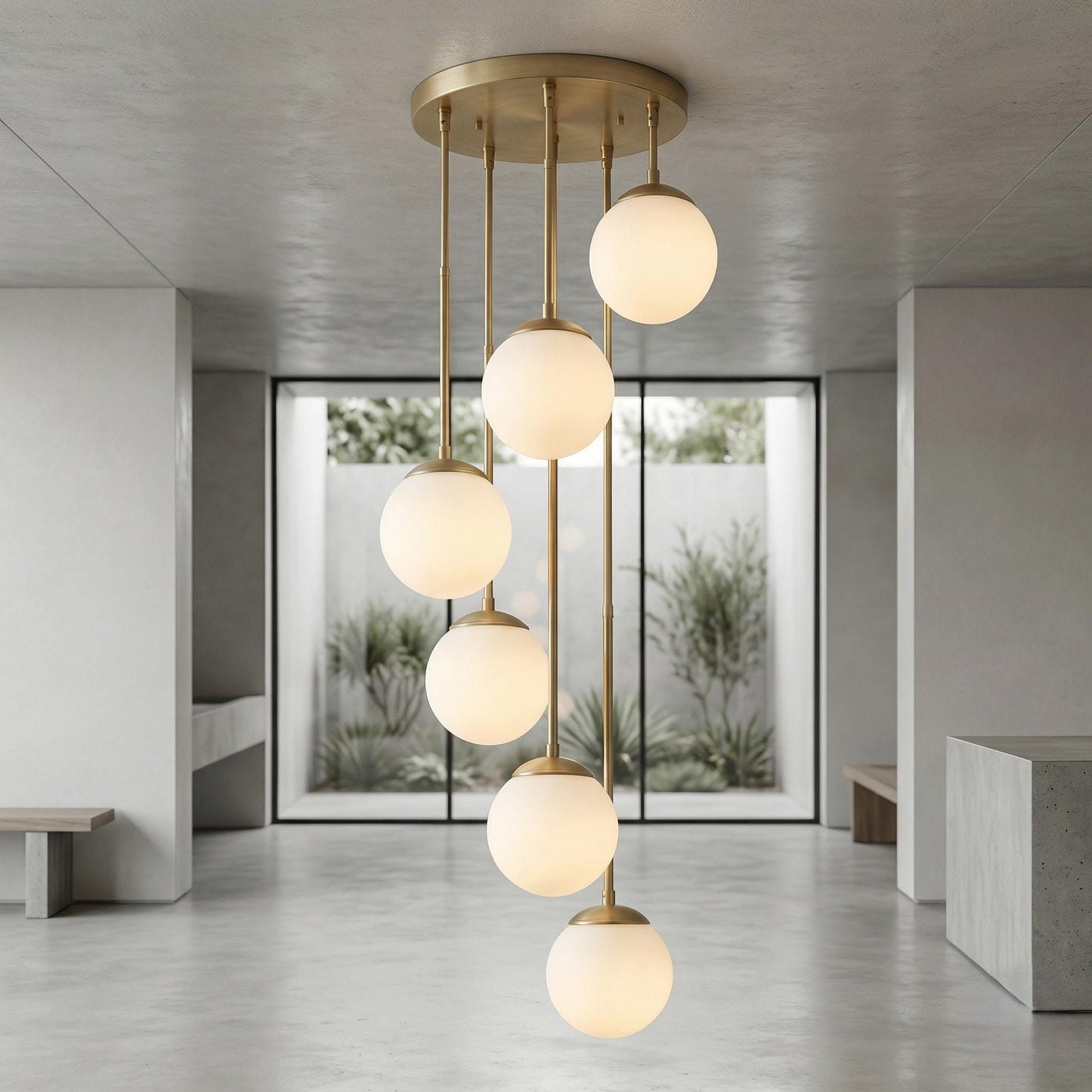 Modern Brass Globe Chandelier | Multi Drop Pendant Staircase Light