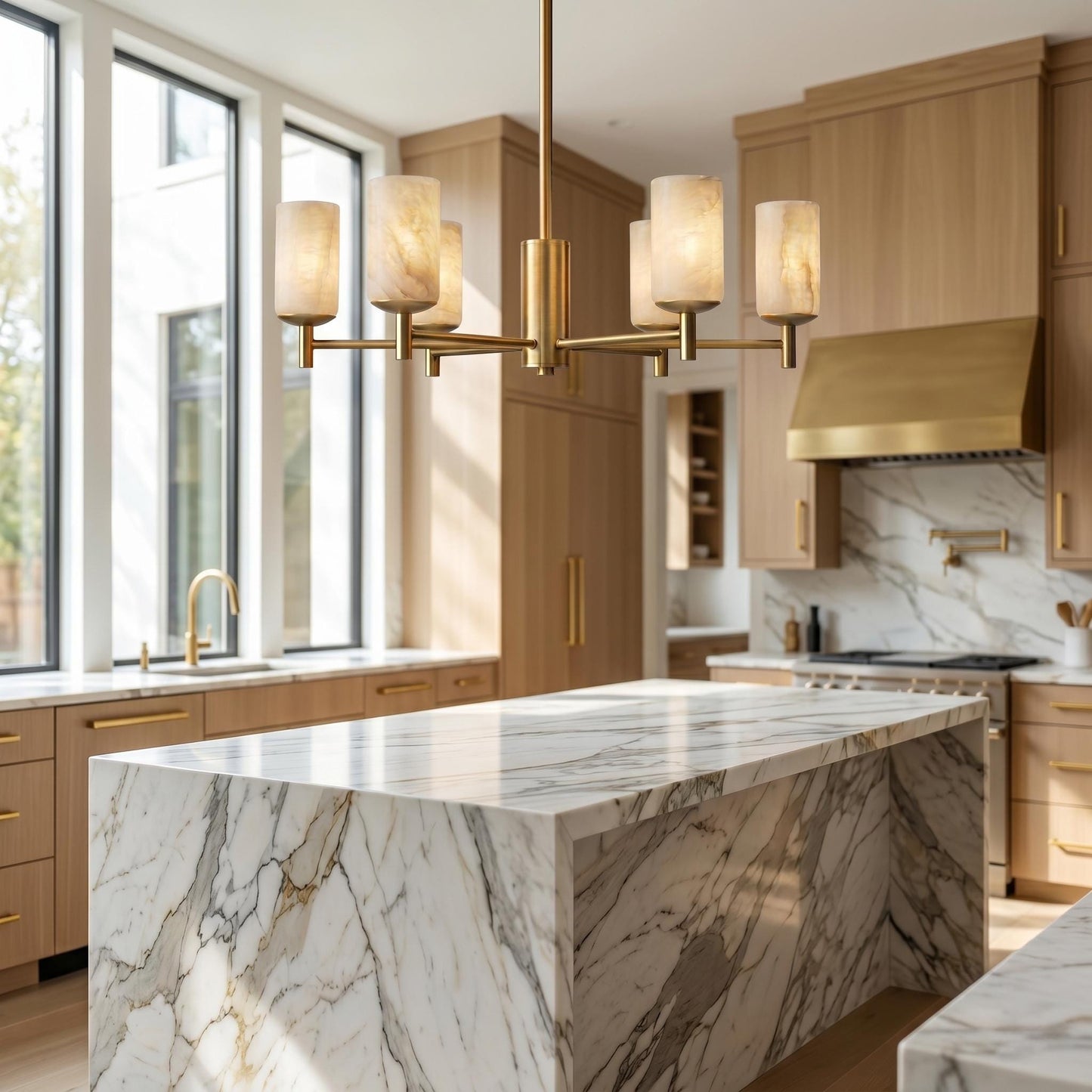 6 Light Alabaster Chandelier, Brass Ceiling Light, Modern Dining Room Chandelier, Luxury Alabaster Lighting, Custom Finish