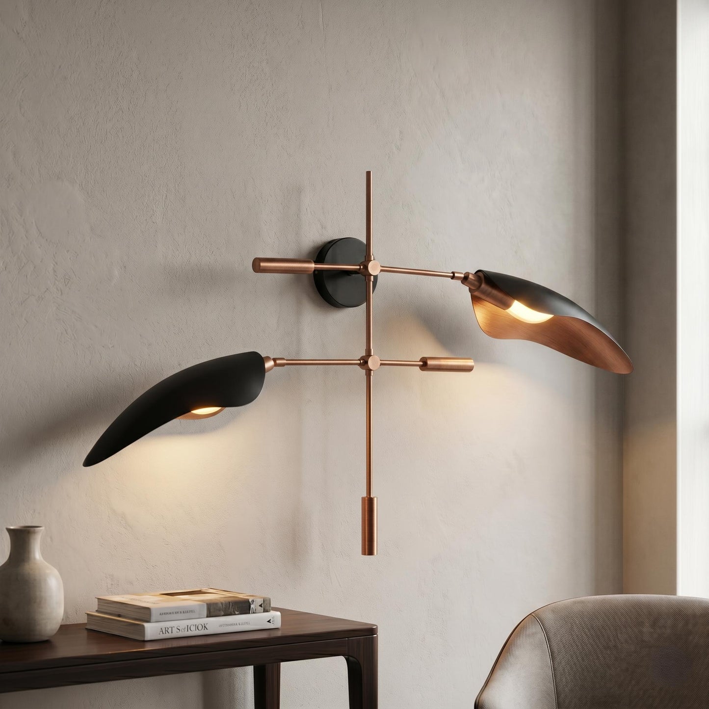 Luxury Brass Wall Sconce – 38 inches Sculptural Light, Black Metal Shades, Mid Century Fixture