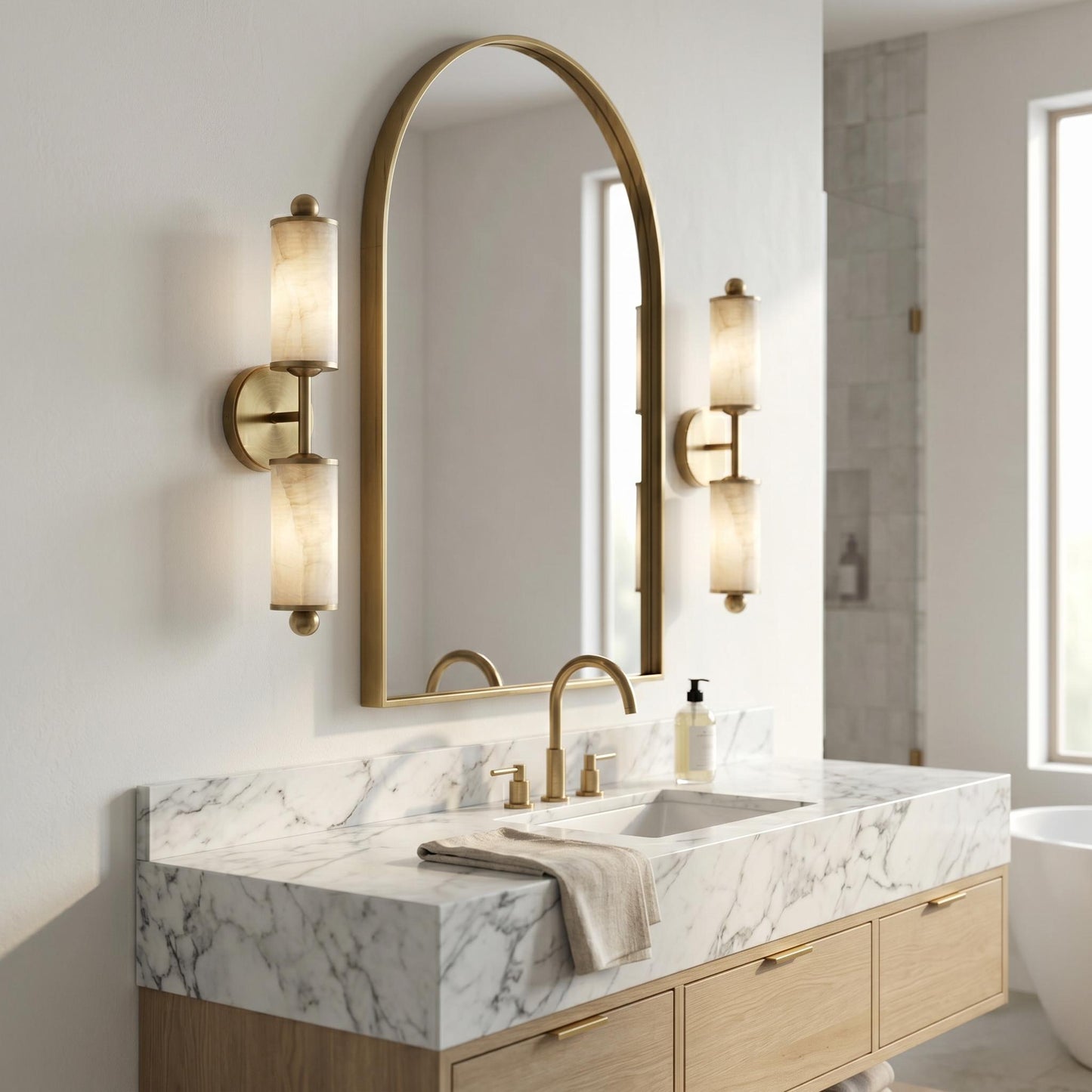 Natural Alabaster Wall Sconce, Brass Wall Light, Double Cylinder Sconce, Luxury Bathroom Vanity Light, Custom Finish Fixture