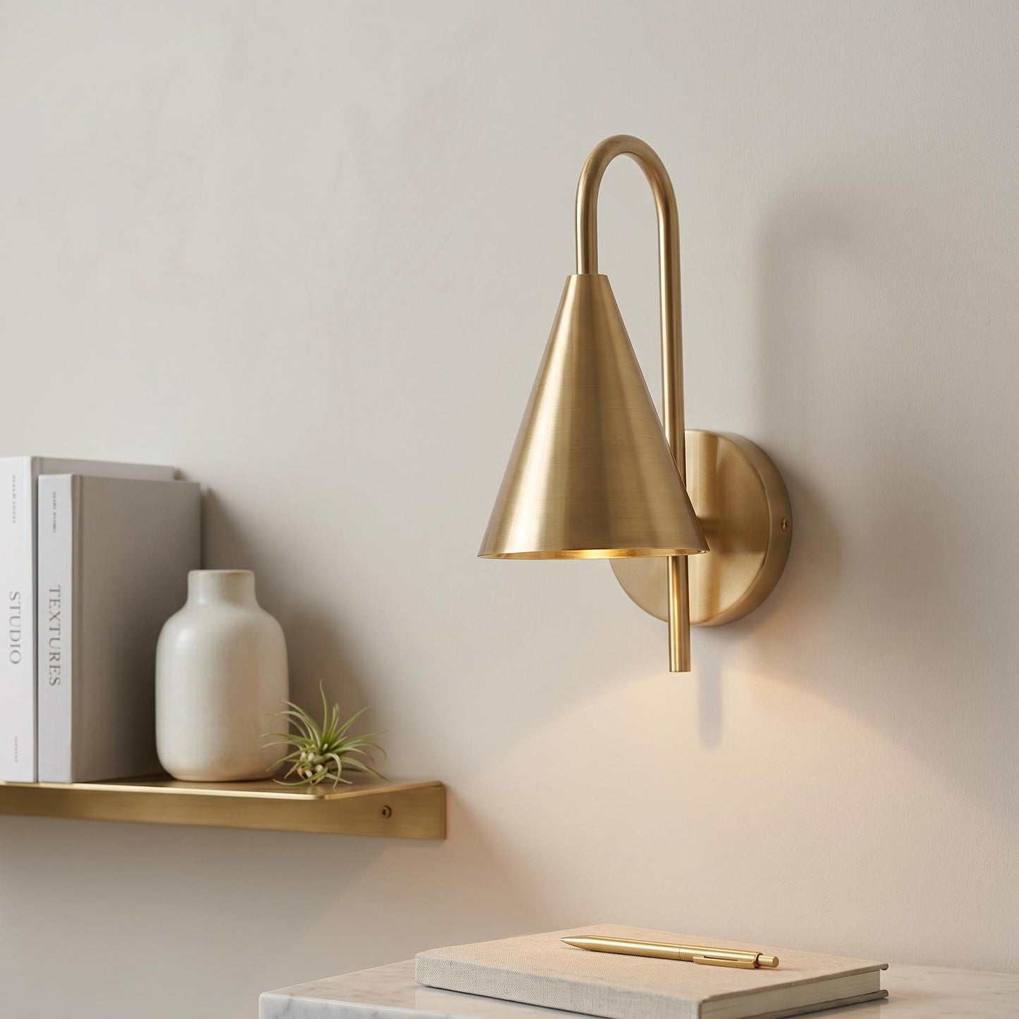 Modern Brass Cone Wall Sconce – Minimalist Mid Century Wall Light Fixture