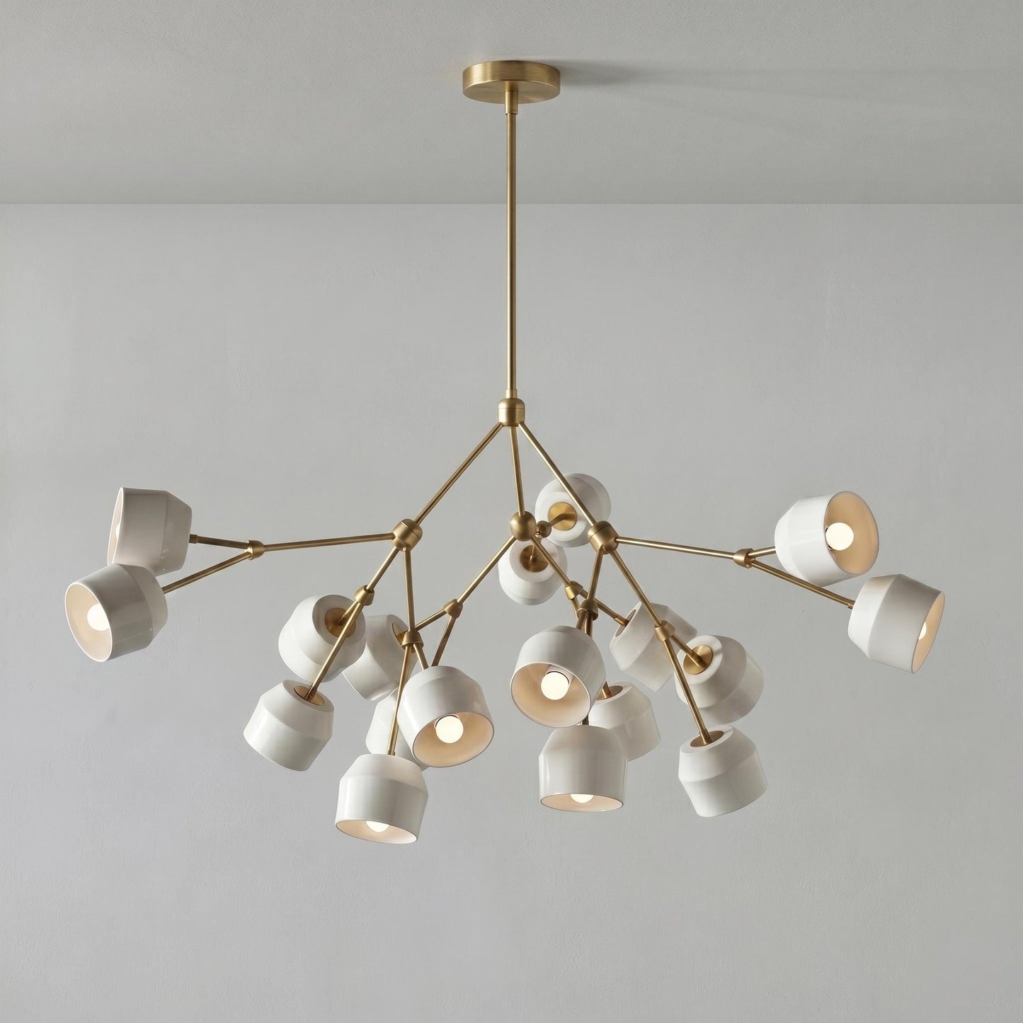 Architectural Large Branching Chandelier, Ceramic Bell Shade Pendant, Mid-Century Modern Dining Lighting