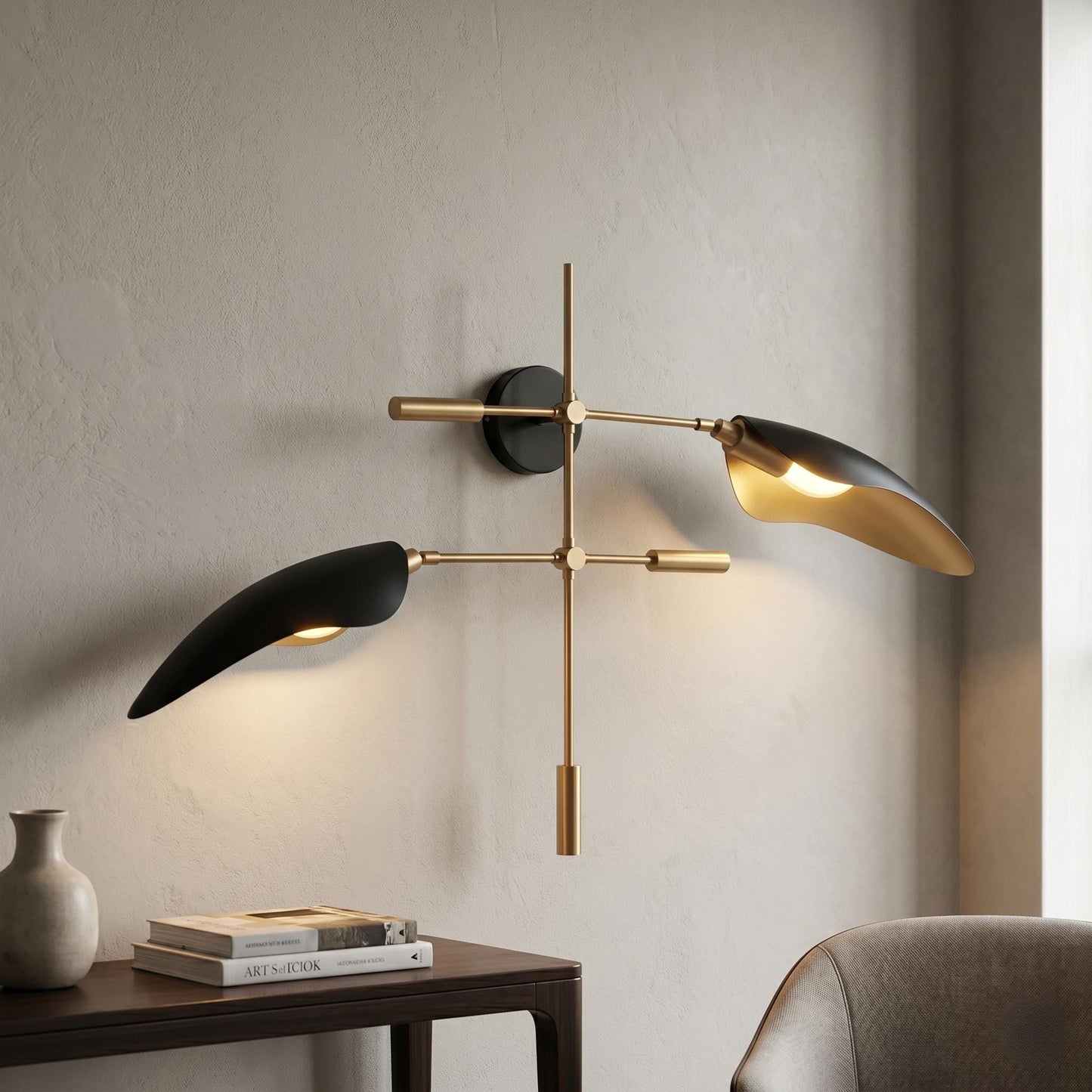 Luxury Brass Wall Sconce – 38 inches Sculptural Light, Black Metal Shades, Mid Century Fixture