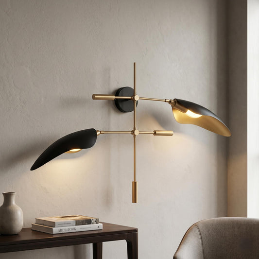 Luxury Brass Wall Sconce – 38 inches Sculptural Light, Black Metal Shades, Mid Century Fixture