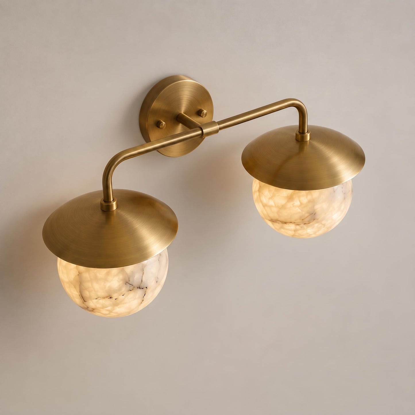 Double Alabaster Globe Wall Sconce, Brass Vanity Light, Modern Bathroom Wall Lamp, Luxury Natural Stone Lighting, Mid Century Wall Fixture