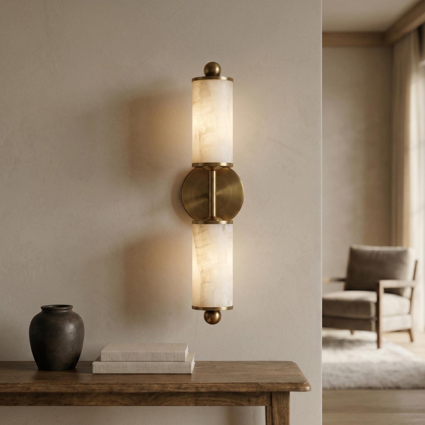 Natural Alabaster Wall Sconce, Brass Wall Light, Double Cylinder Sconce, Luxury Bathroom Vanity Light, Custom Finish Fixture