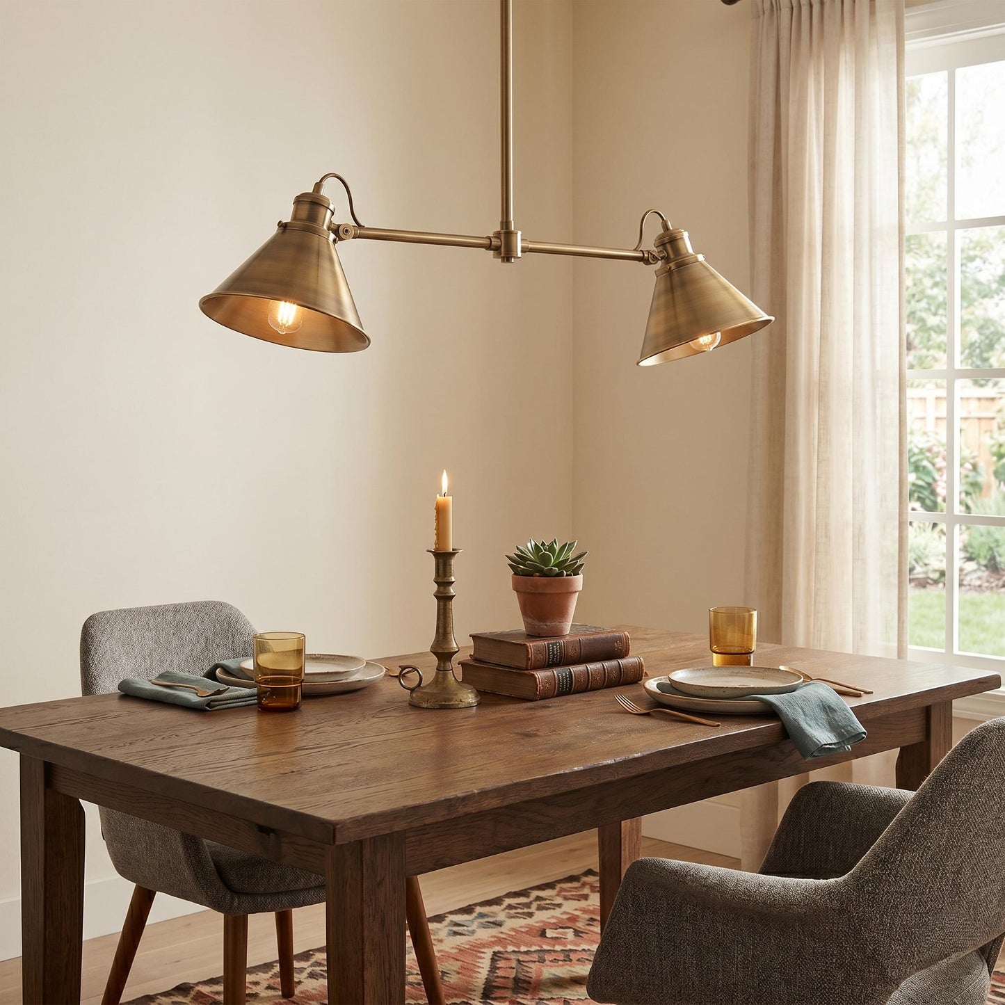 Brass Linear Chandelier – 35" Industrial Style Pendant Light – Modern Farmhouse Kitchen Island Fixture