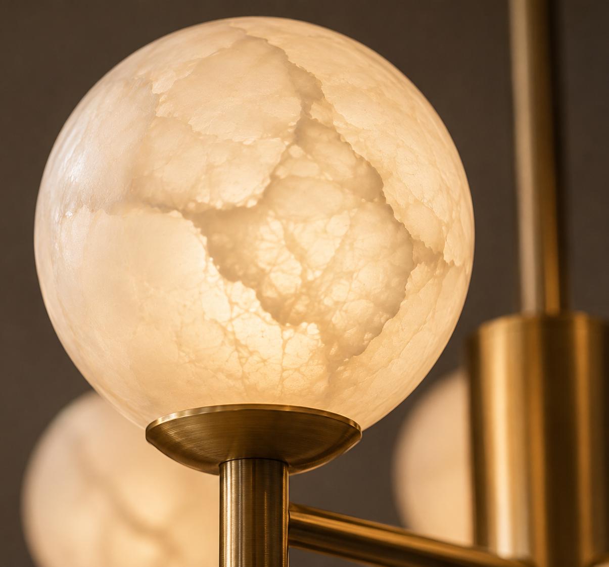 Alabaster Globe Chandelier, 6 Light Brass Ceiling Fixture, Modern Dining Room Lighting, Luxury Stone Chandelier