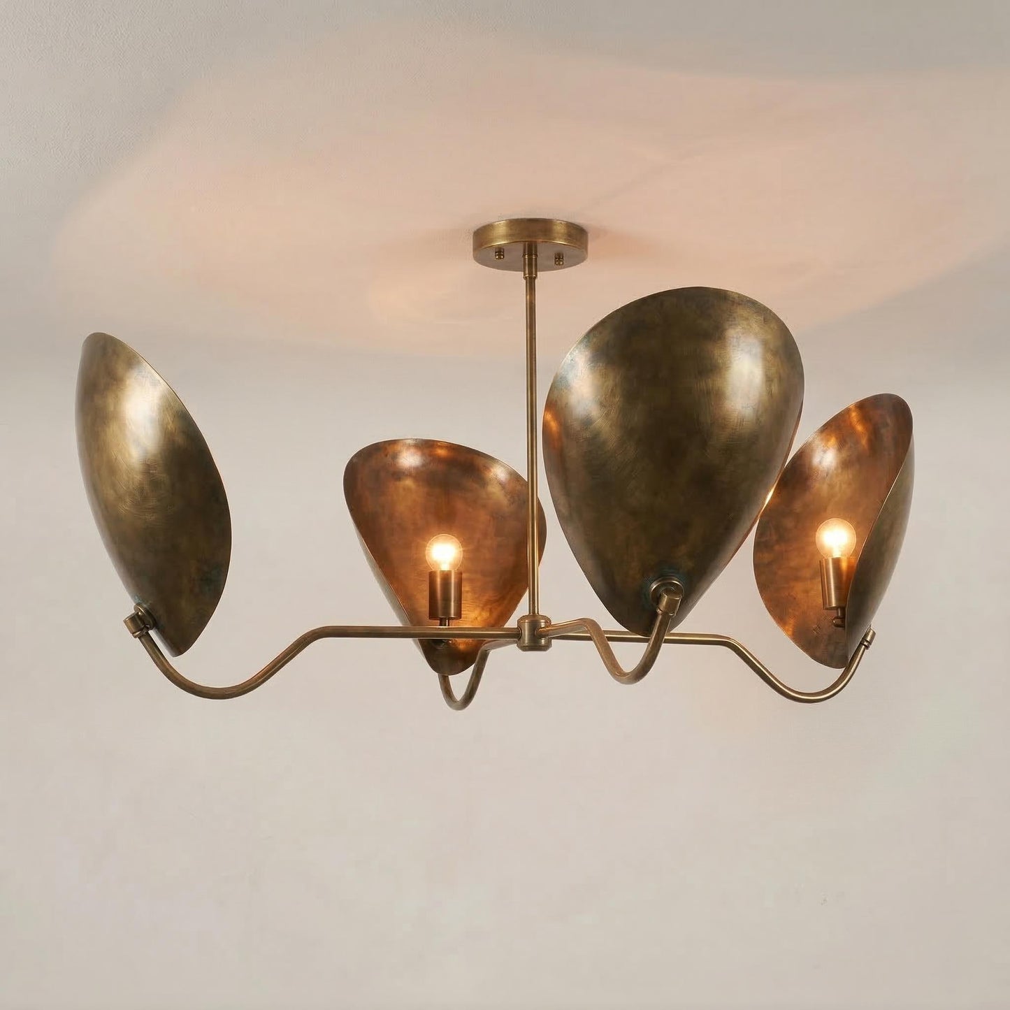 Mid Century Modern Lily Chandelier – Brass Petal Ceiling Light, 4-Light Sculptural Fixture 38” Wide)