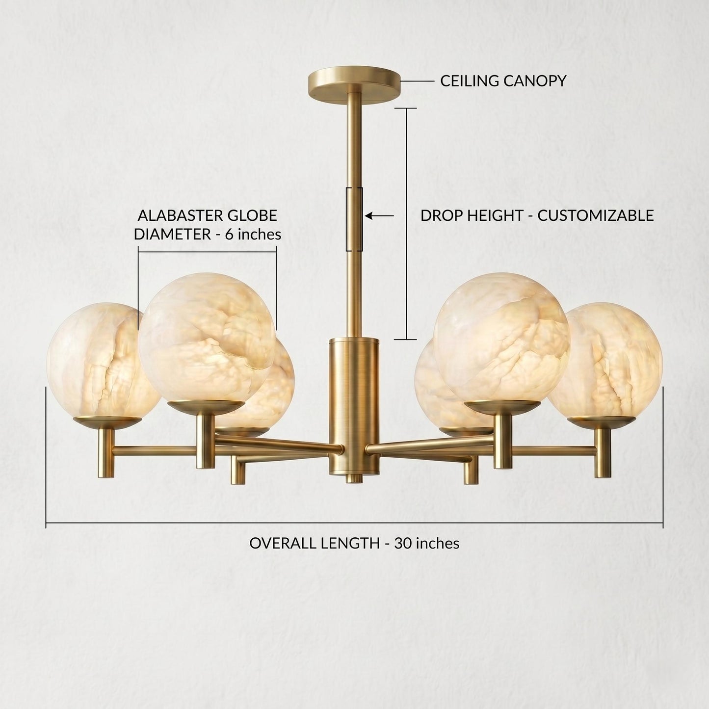 Alabaster Globe Chandelier, 6 Light Brass Ceiling Fixture, Modern Dining Room Lighting, Luxury Stone Chandelier