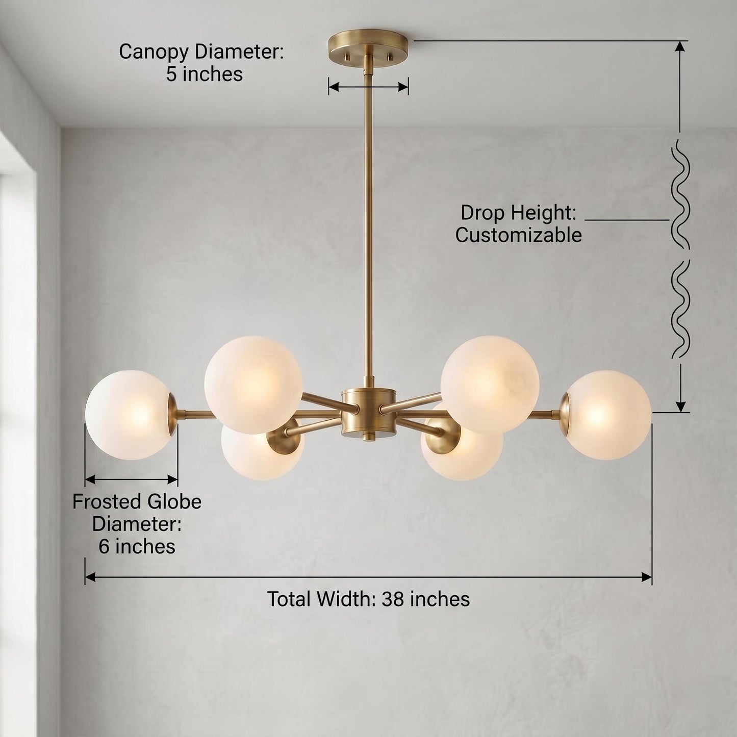 6 Light Globe Chandelier, Modern Brass Chandelier, Mid Century Ceiling Light, Frosted Globe Pendant, Dining Room Lighting