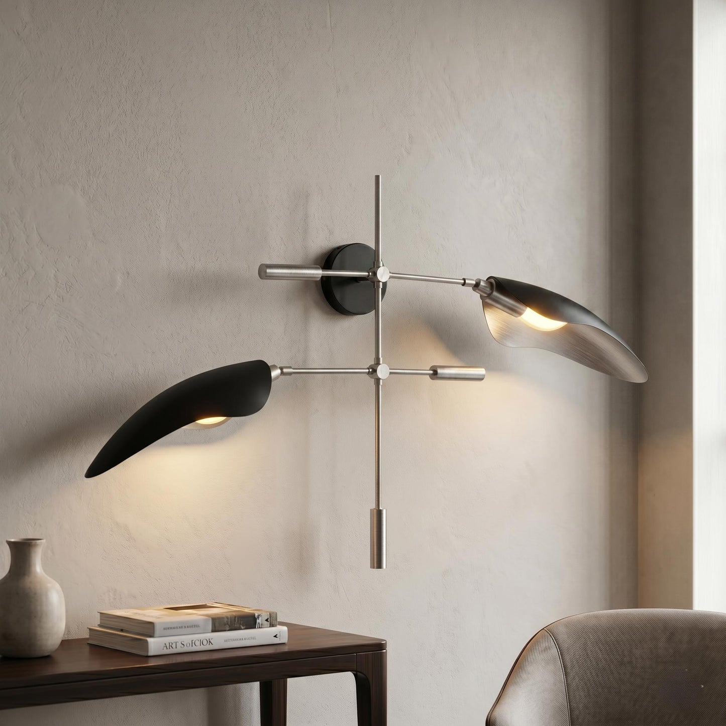 Luxury Brass Wall Sconce – 38 inches Sculptural Light, Black Metal Shades, Mid Century Fixture