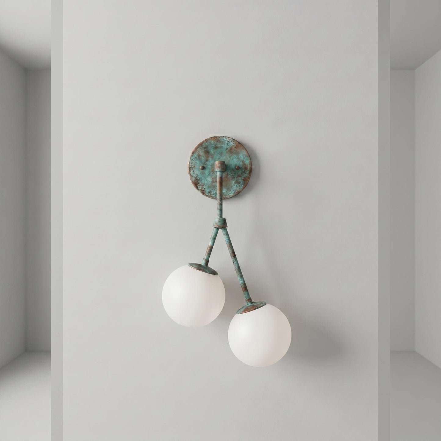 Brass Double Globe Sconce, Mid Century Frosted Glass Wall Light, 5 Inch Globe Fixture