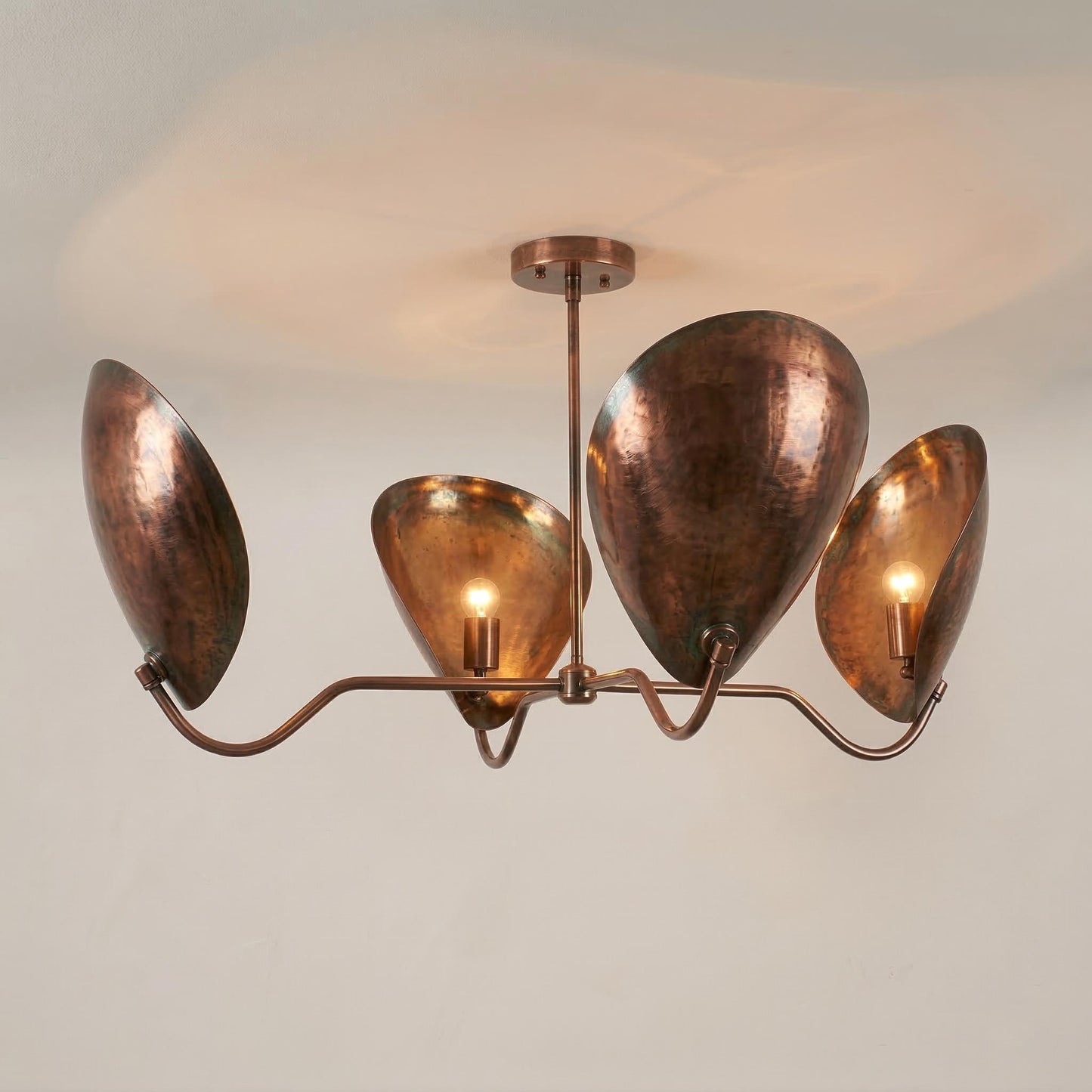 Mid Century Modern Lily Chandelier – Brass Petal Ceiling Light, 4-Light Sculptural Fixture 38” Wide)