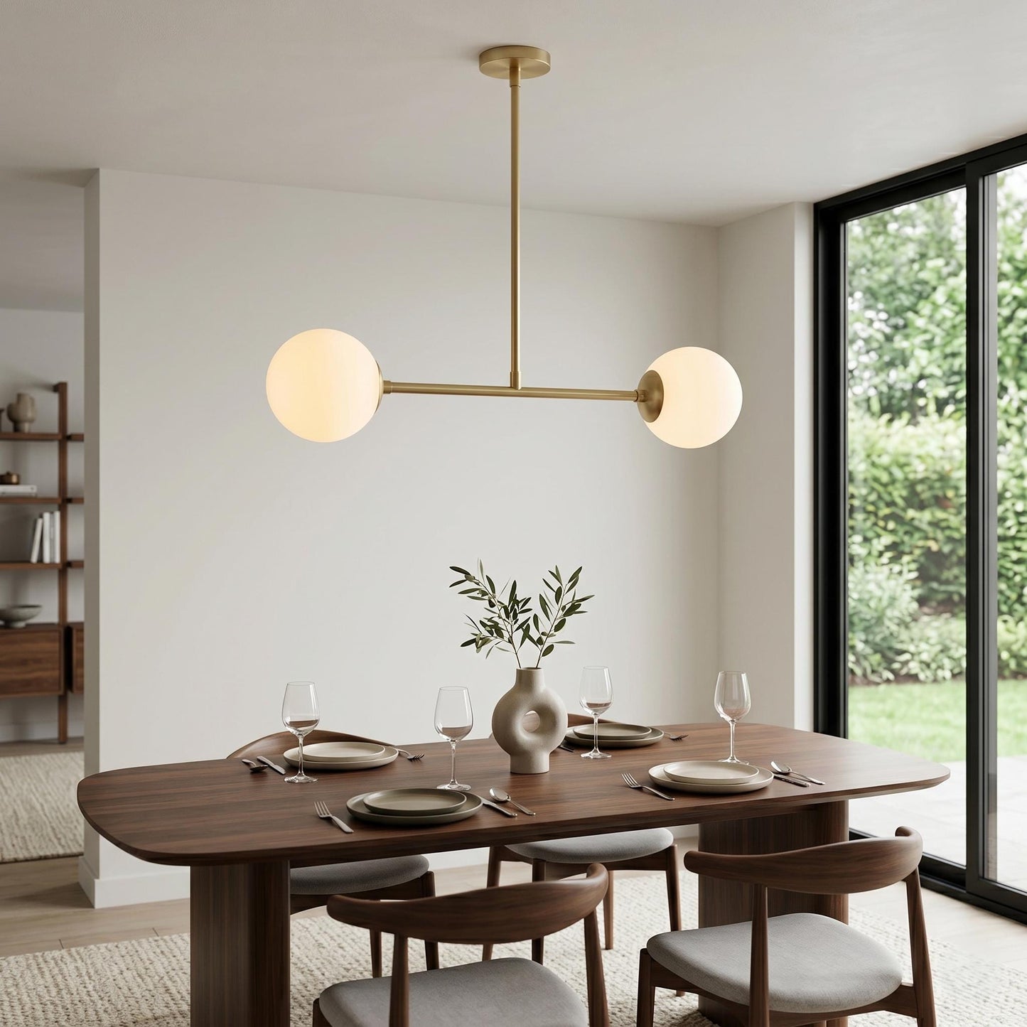 Modern Brass Double Globe Ceiling Light, Mid Century Opal Glass Pendant Lighting