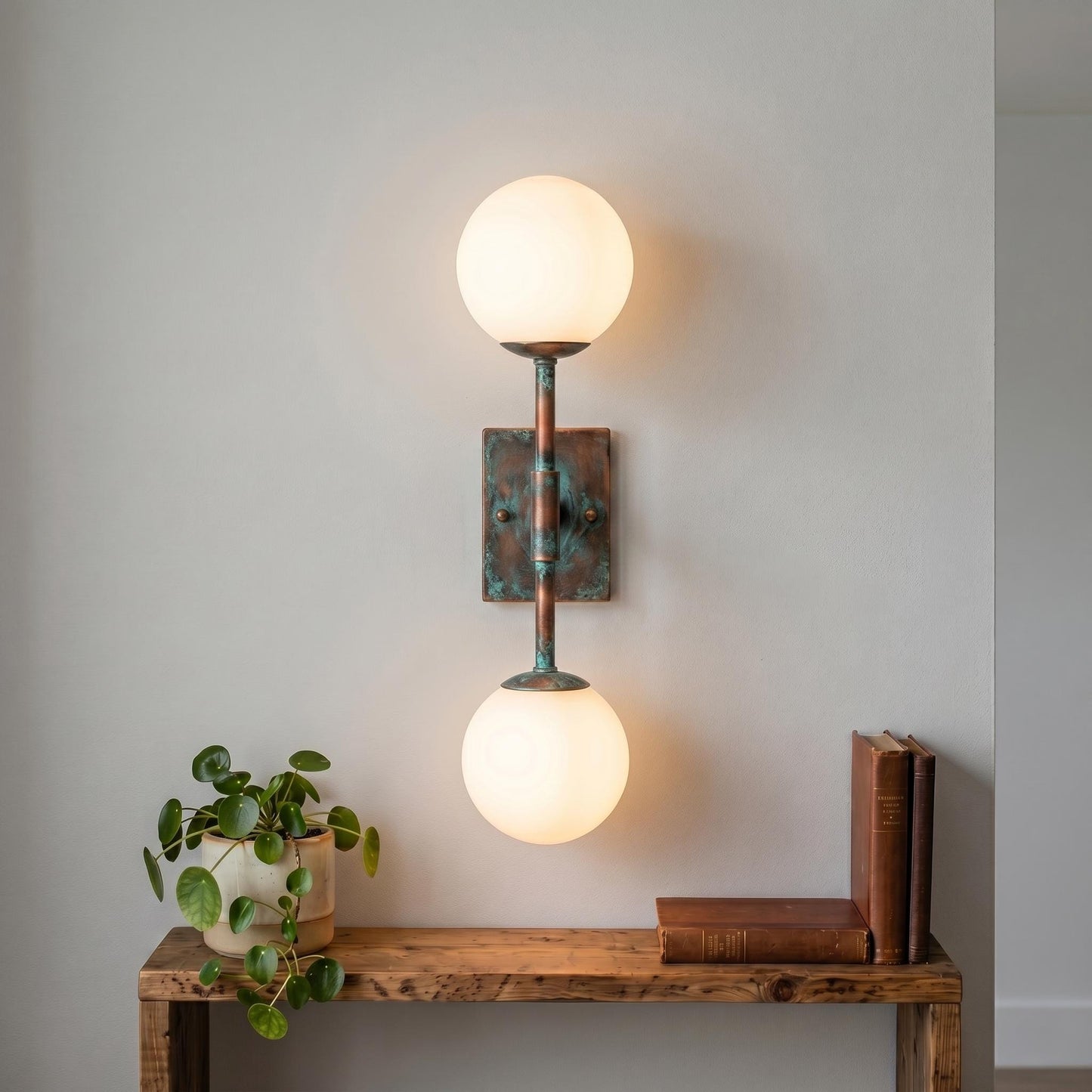 Minimal Brass Double Globe Sconce, Vertical Mid Century Wall Lamp, Luxury Lighting