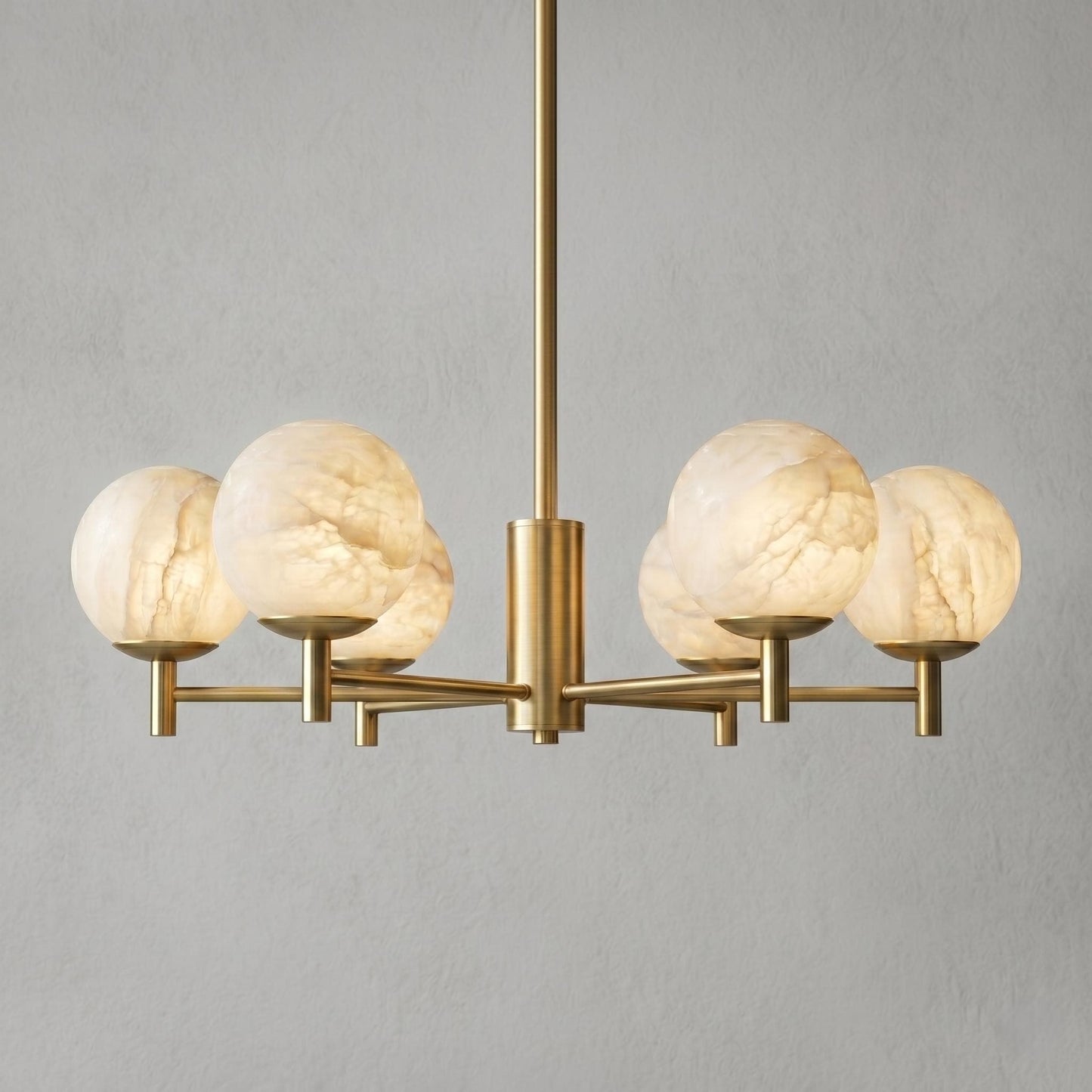 Alabaster Globe Chandelier, 6 Light Brass Ceiling Fixture, Modern Dining Room Lighting, Luxury Stone Chandelier