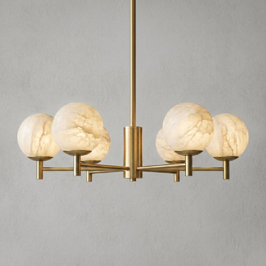 Alabaster Globe Chandelier, 6 Light Brass Ceiling Fixture, Modern Dining Room Lighting, Luxury Stone Chandelier
