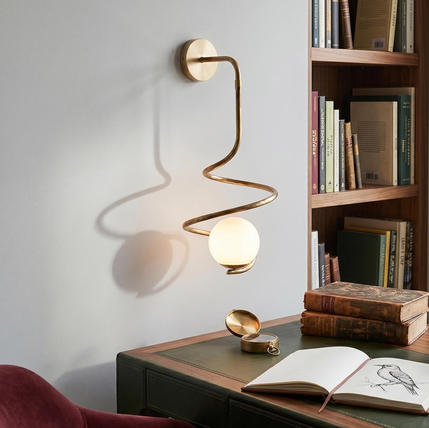 Sculptural Brass Spiral Sconce – Large Modern Opal Glass Globe Lighting Fixture
