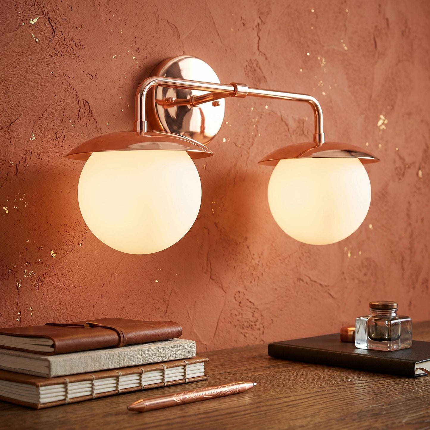 Brass Double Globe Wall Sconce – 22 Inches Mid Century Frosted Glass Lamp – Vanity Lighting