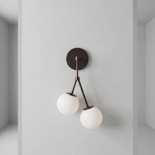 Brass Double Globe Sconce, Mid Century Frosted Glass Wall Light, 5 Inch Globe Fixture