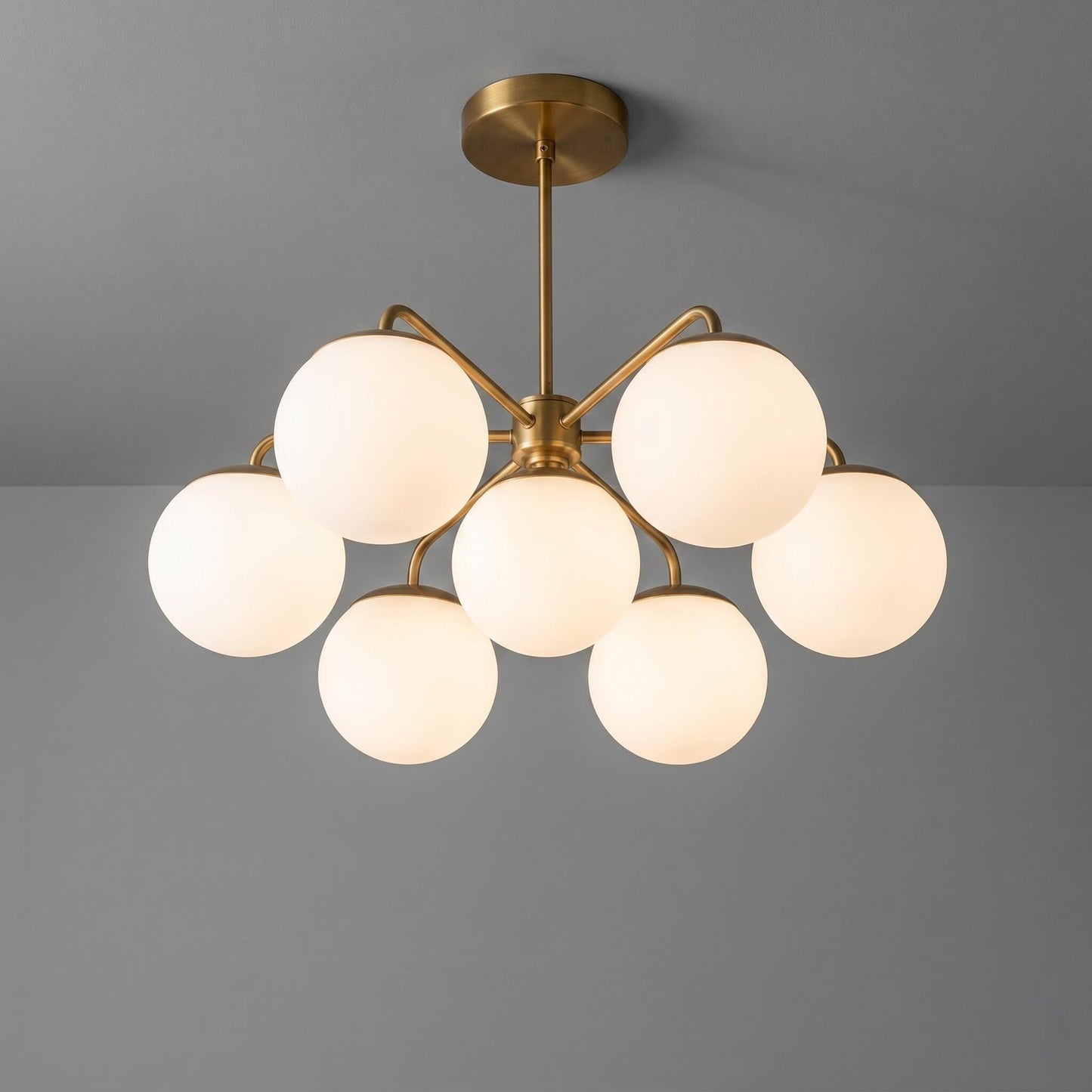 Modern Brass Globe Chandelier, 7 Light Ceiling Fixture, White Glass Orb Chandelier, Mid Century Modern Lighting, Dining Room Light