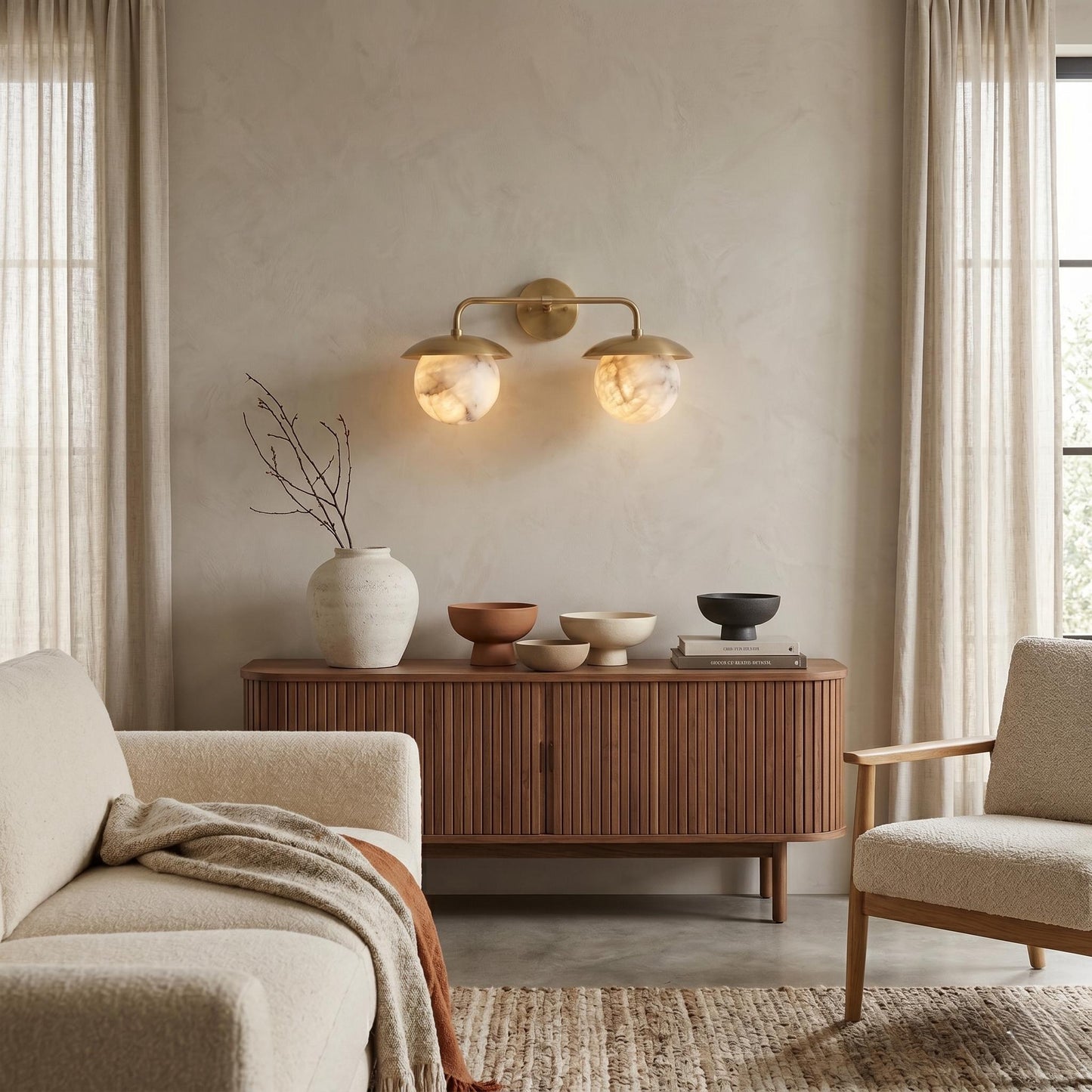 Double Alabaster Globe Wall Sconce, Brass Vanity Light, Modern Bathroom Wall Lamp, Luxury Natural Stone Lighting, Mid Century Wall Fixture