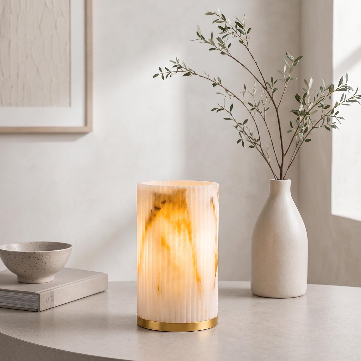 Modern Alabaster Table Lamp, Marble Effect Bedside Lamp, Ribbed Stone Accent Light, Brass Base, Minimal Home Decor