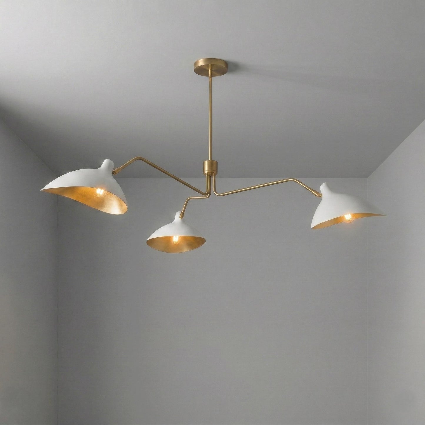 Mid Century Modern Brass 3-Arm Chandelier – Sculptural Pendant Lighting Fixture – 45" Wide Lamp