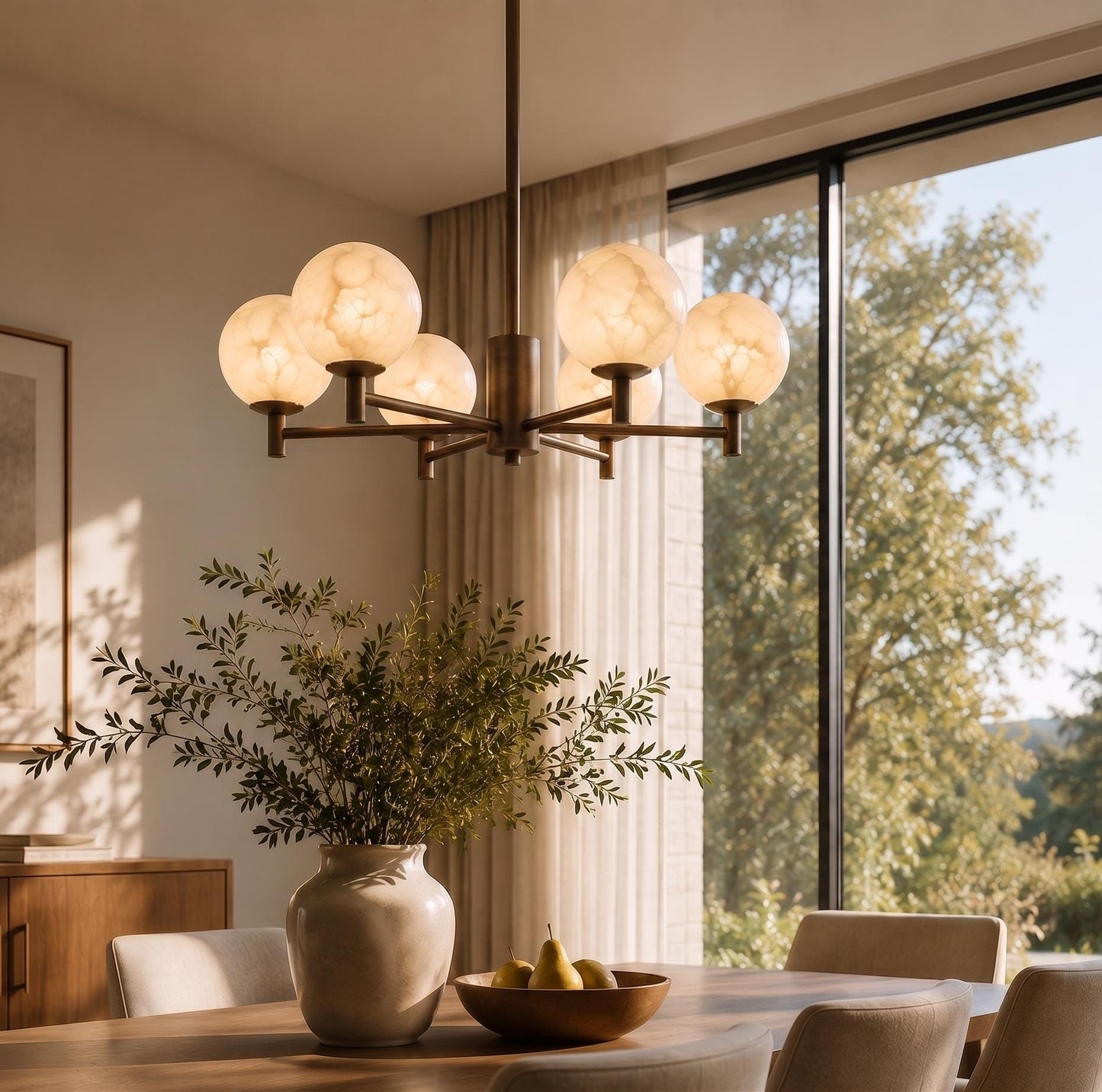 Alabaster Globe Chandelier, 6 Light Brass Ceiling Fixture, Modern Dining Room Lighting, Luxury Stone Chandelier