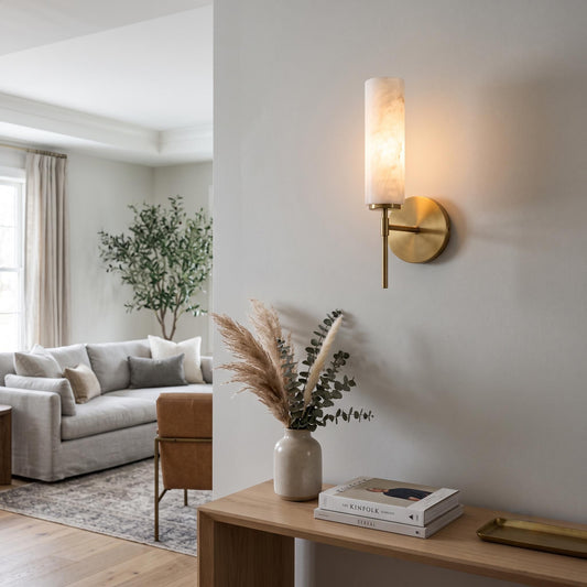 Alabaster Wall Sconce, Modern Brass Wall Lamp, Stone Wall Light, Bathroom Vanity Sconce, Luxury Bedside Light, Minimal Wall Fixture