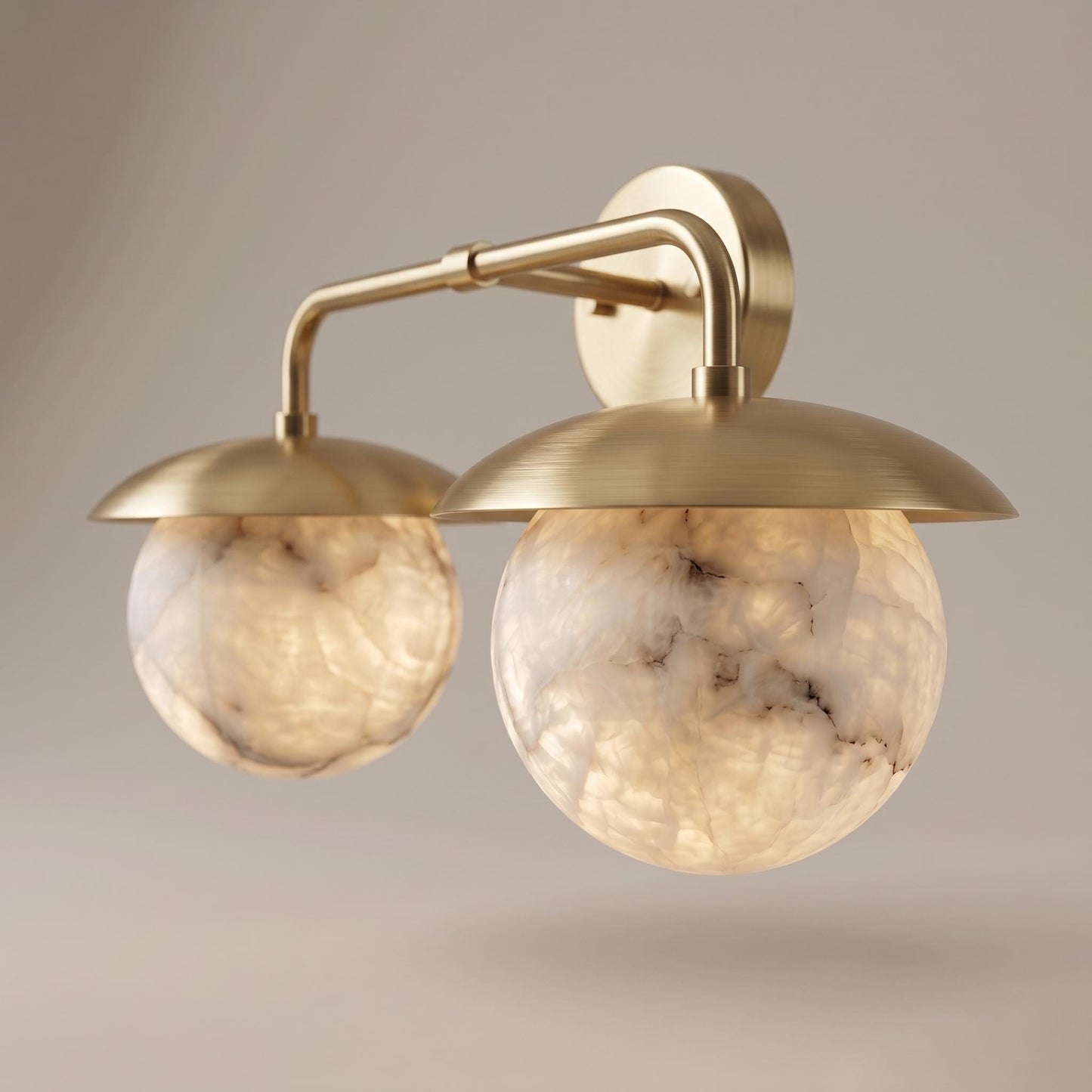 Double Alabaster Globe Wall Sconce, Brass Vanity Light, Modern Bathroom Wall Lamp, Luxury Natural Stone Lighting, Mid Century Wall Fixture