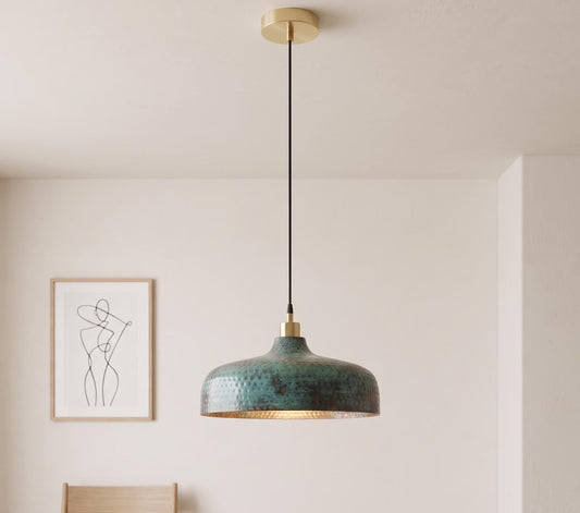 Handmade Hammered Copper Pendant Light, Rustic Dome Hanging Lamp, Turquoise Patina Ceiling Light, Kitchen Island Lighting, 16” Pendant