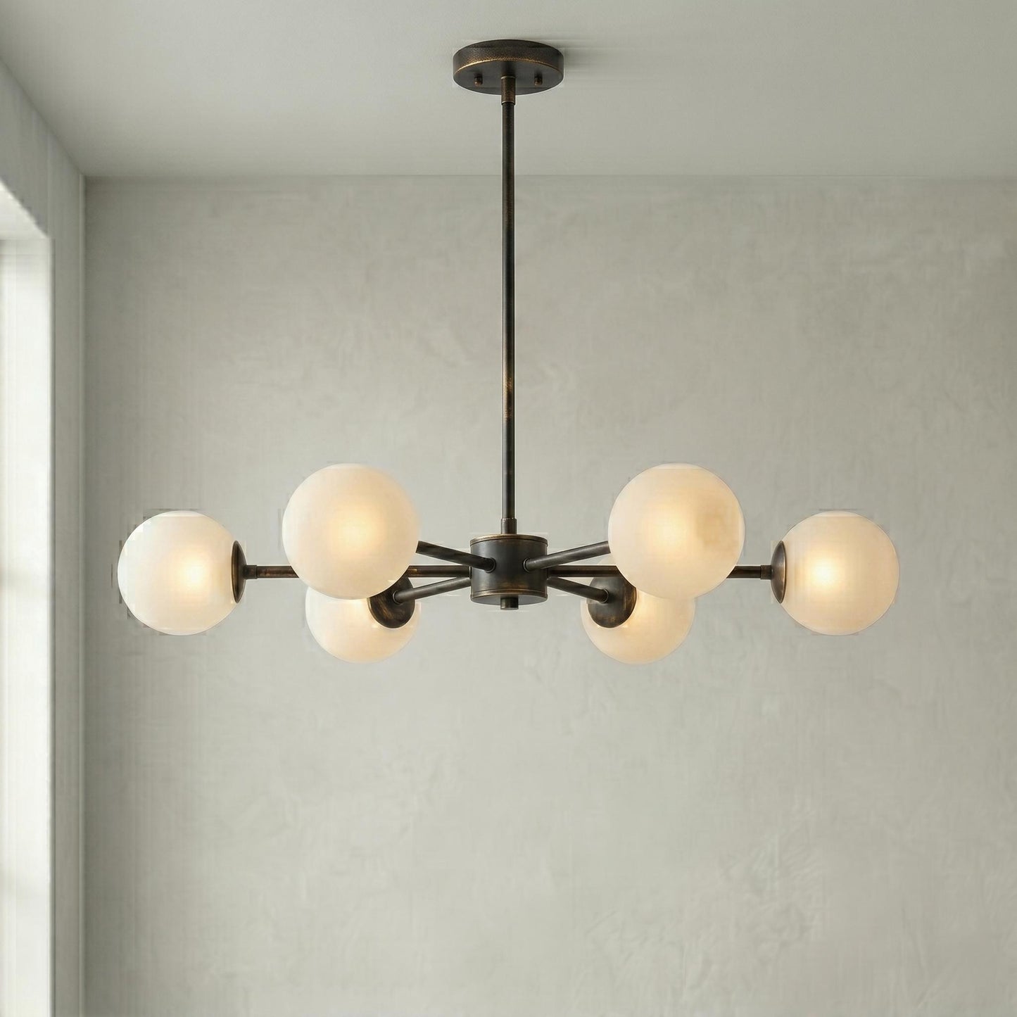 6 Light Globe Chandelier, Modern Brass Chandelier, Mid Century Ceiling Light, Frosted Globe Pendant, Dining Room Lighting