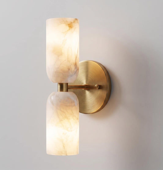 Alabaster Stone Double Cylinder Marble Sconce – Solid Brass Wall Light, Alabaster Shade Lamp