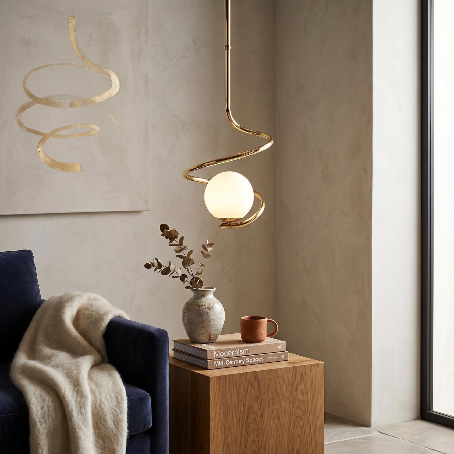 Sculptural Spiral Brass Pendant Light – 6” Opal Globe Chandelier, Minimalist Ceiling Lamp