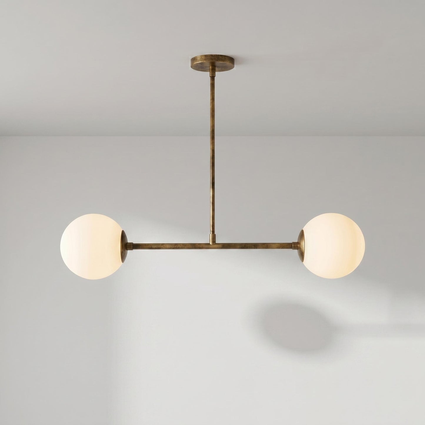 Modern Brass Double Globe Ceiling Light, Mid Century Opal Glass Pendant Lighting