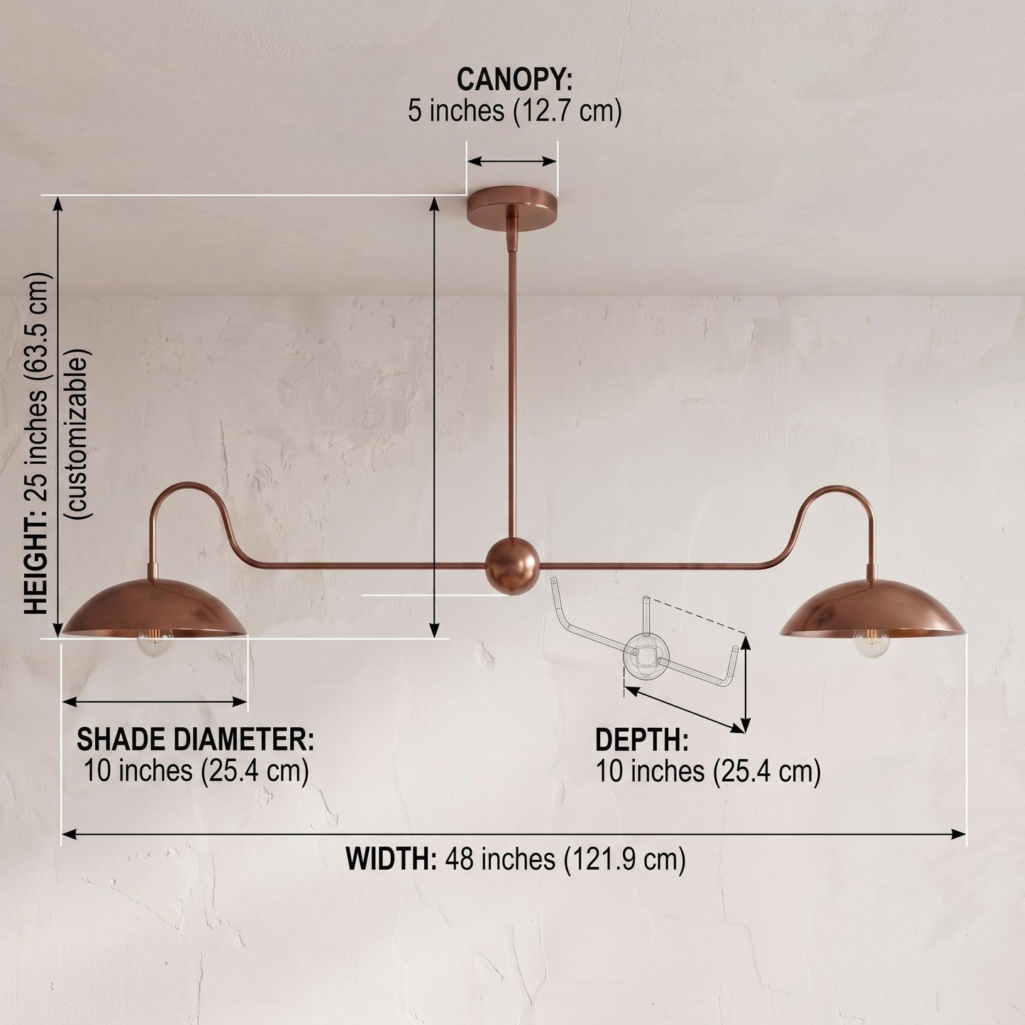 Solid Brass Linear Chandelier – Double Dome Pendant Light, Mid-Century Kitchen Island Fixture