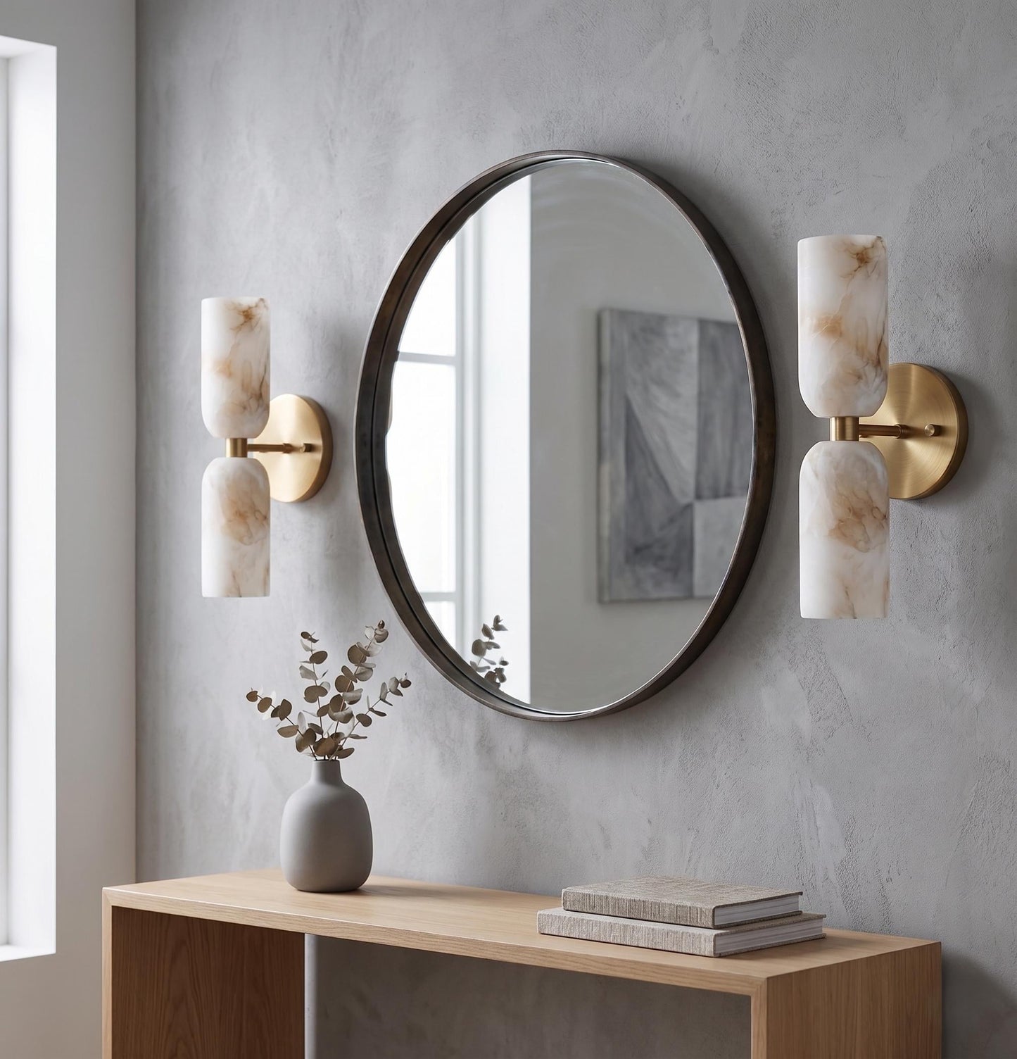 Alabaster Stone Double Cylinder Marble Sconce – Solid Brass Wall Light, Alabaster Shade Lamp