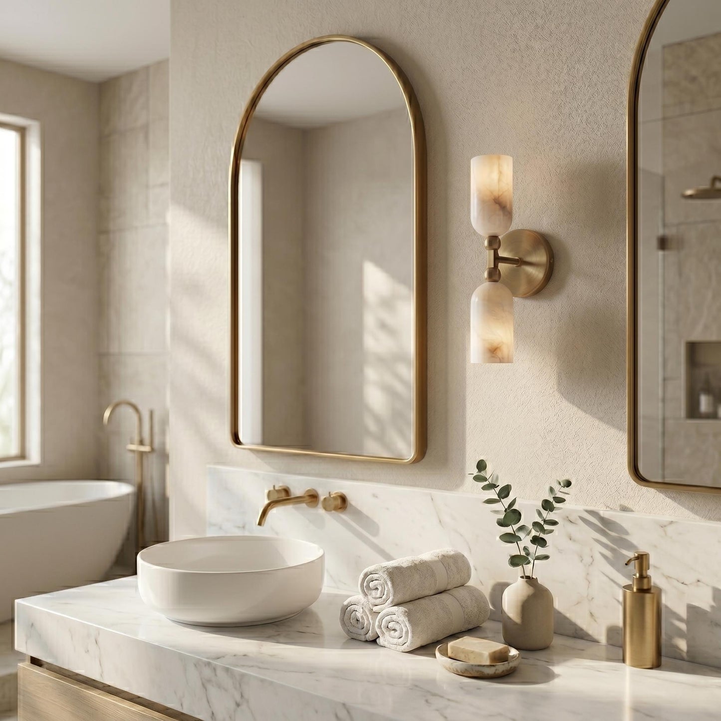 Natural Alabaster Wall Sconce, Brass Wall Light, Luxury Bathroom Vanity Light, Modern Wall Fixture, Custom Finish Lighting