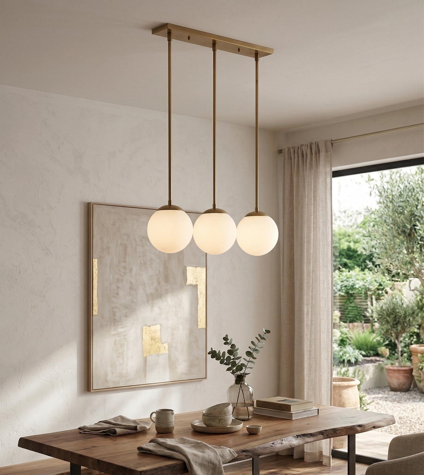 3 Globe Brass Pendant Light | Linear Chandelier, Frosted Glass, Mid Century Ceiling Fixture