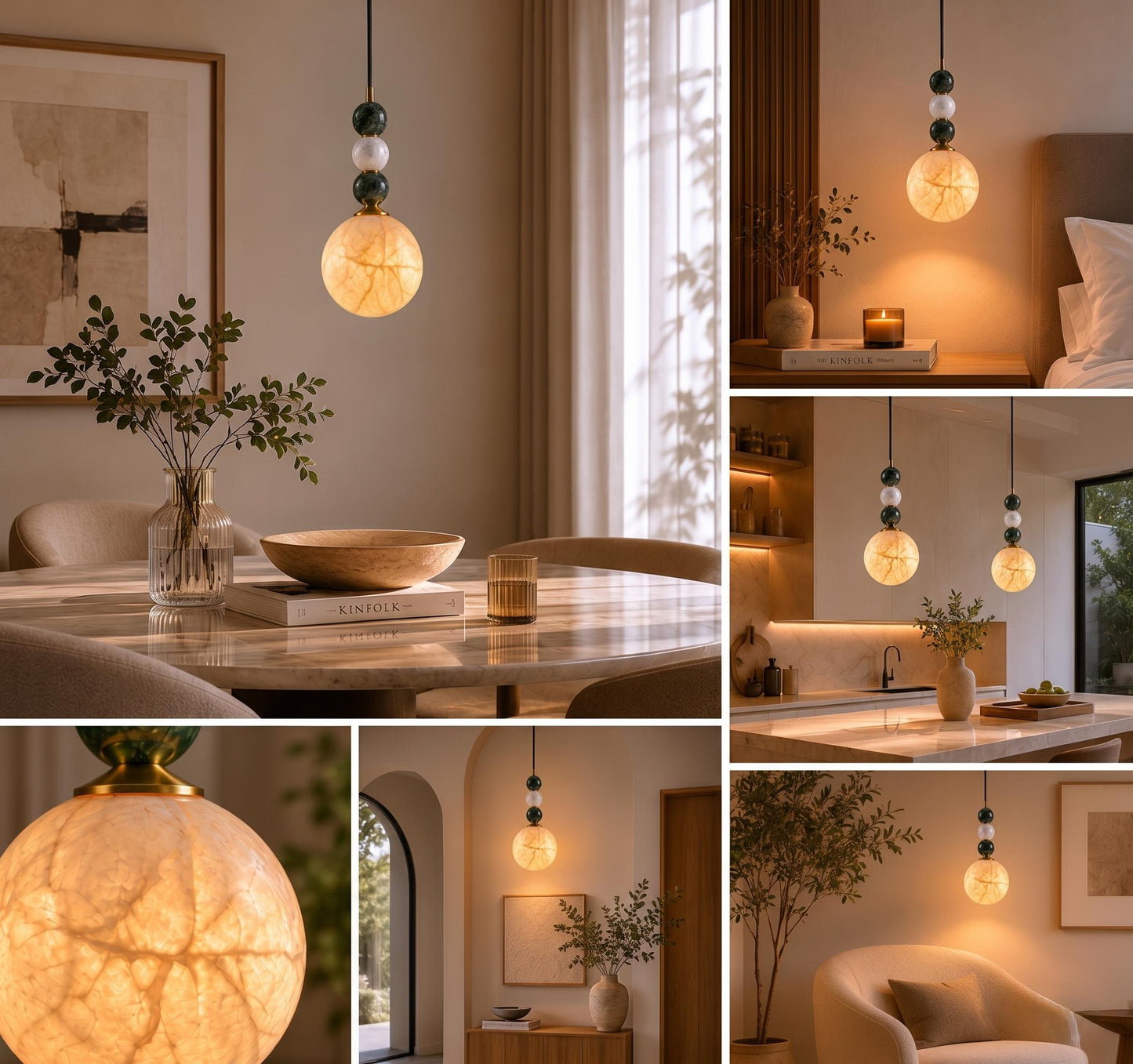 Alabaster Globe Pendant Light, Brass Hanging Lamp, Stone Beaded Pendant, Luxury Kitchen Island Lighting