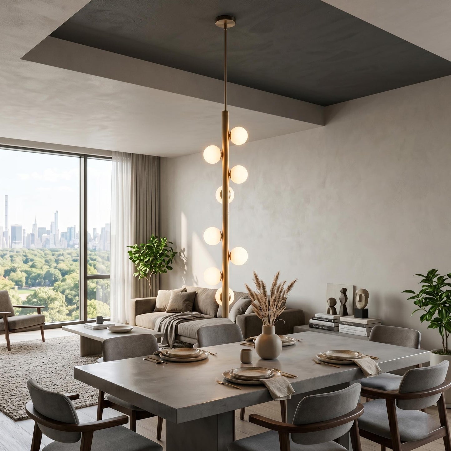 Luxury Brass Globe Chandelier | 76" Vertical Pendant Light, Opal Glass Globes