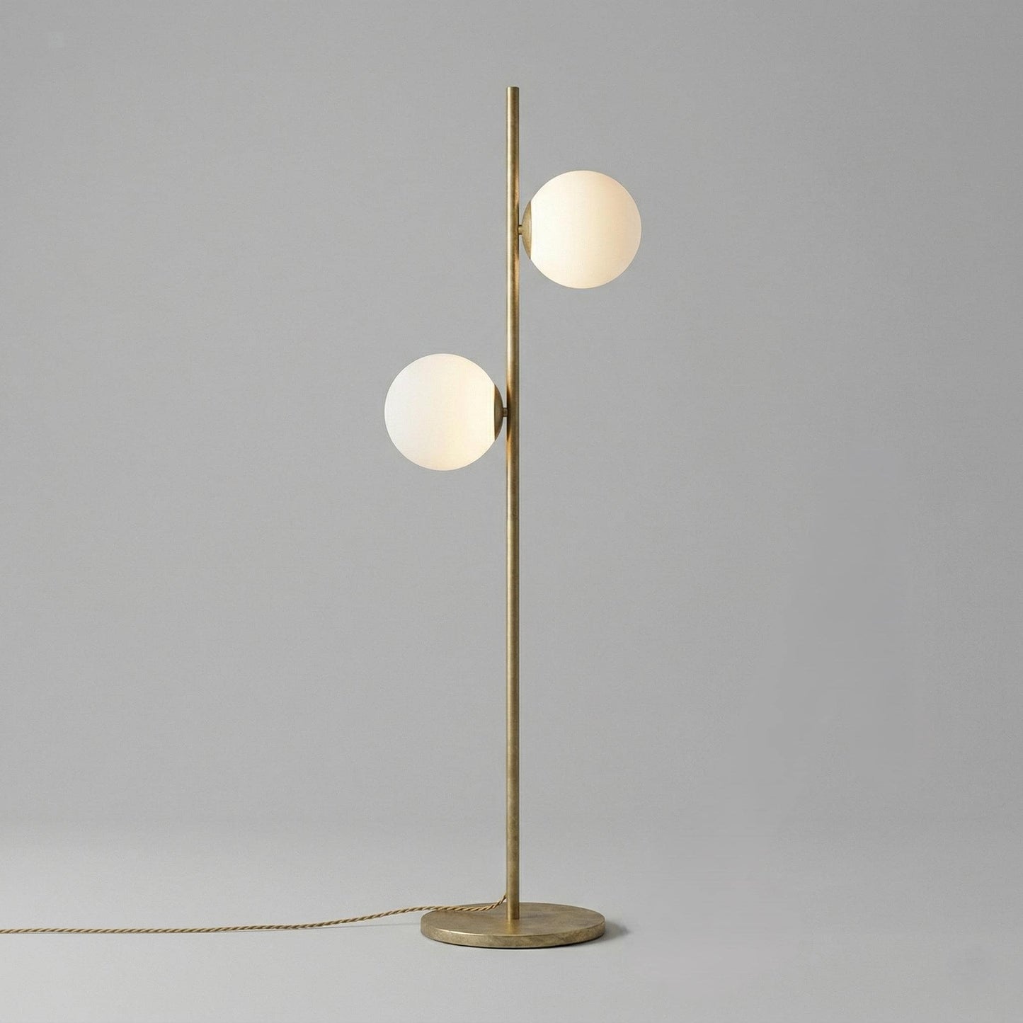 Modern Brass Double Globe Floor Lamp | Mid Century Opal Glass Standing Light