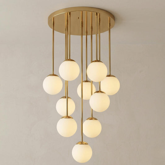 Large Brass Cluster Chandelier | Multi Globe Pendant Light, Staircase Lighting Fixture